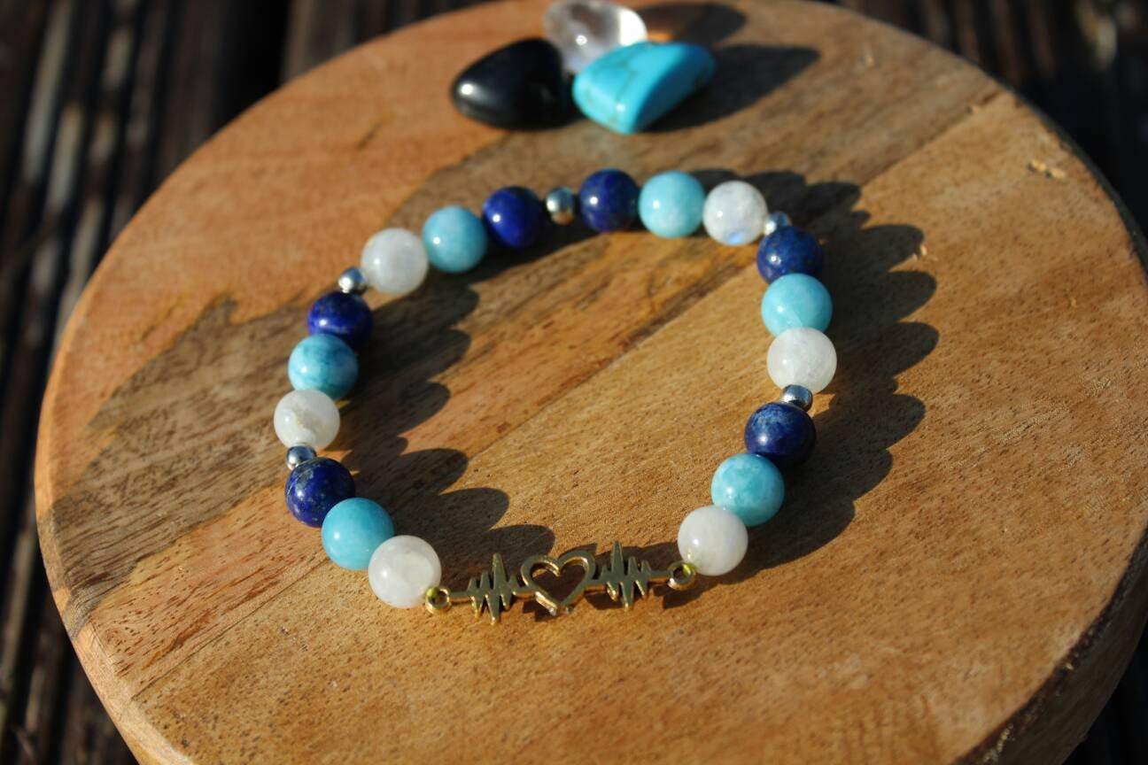 Bracelet élastique en pierres naturelles Aigue marine, Pierre de lune , Lapis lazuli