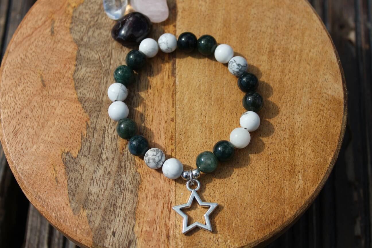 Bracelet pierres naturelles en Agate mousse et howlite