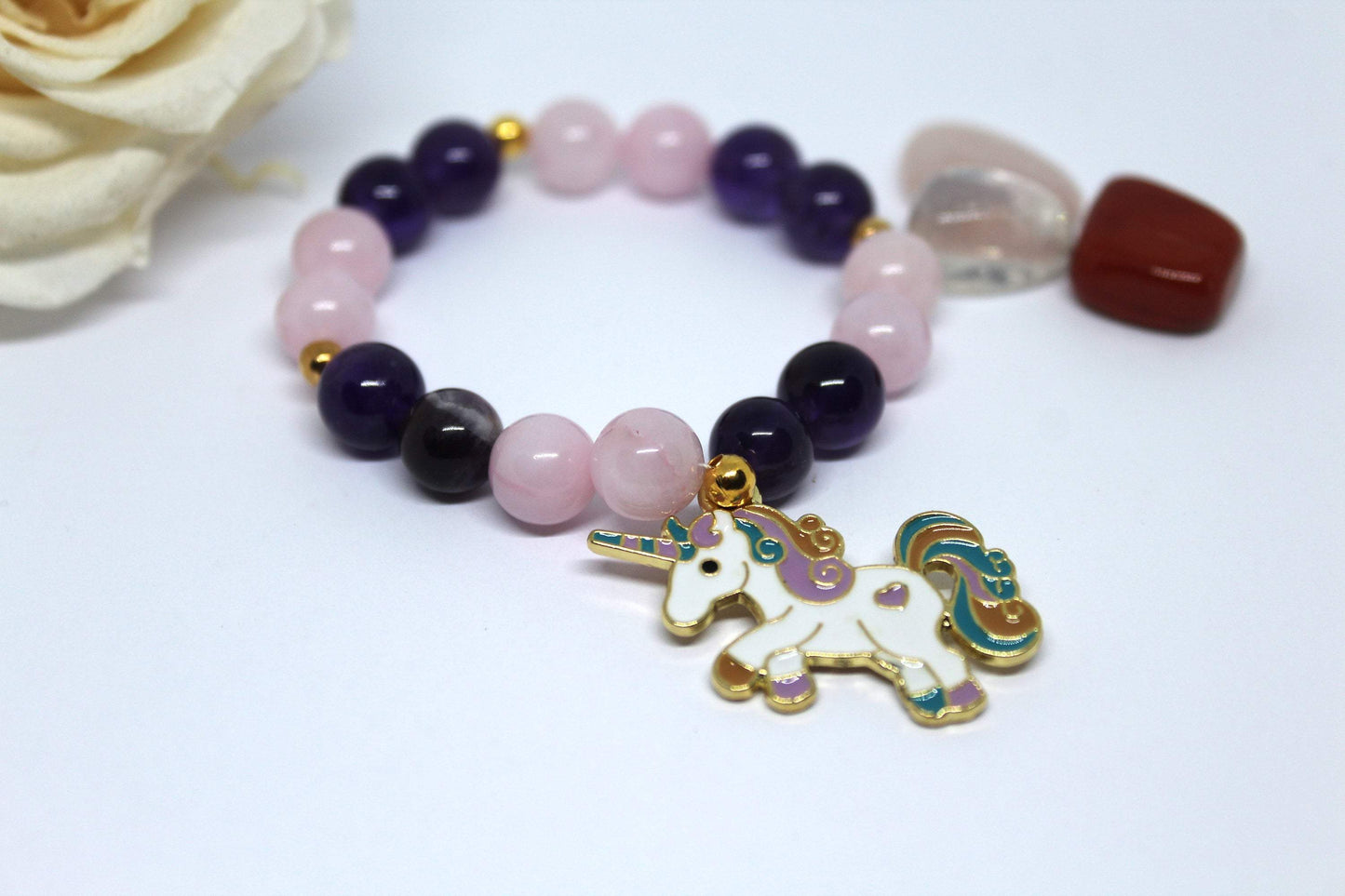 Bracelet élastique en pierres naturelles Quartz rose et Améthyste