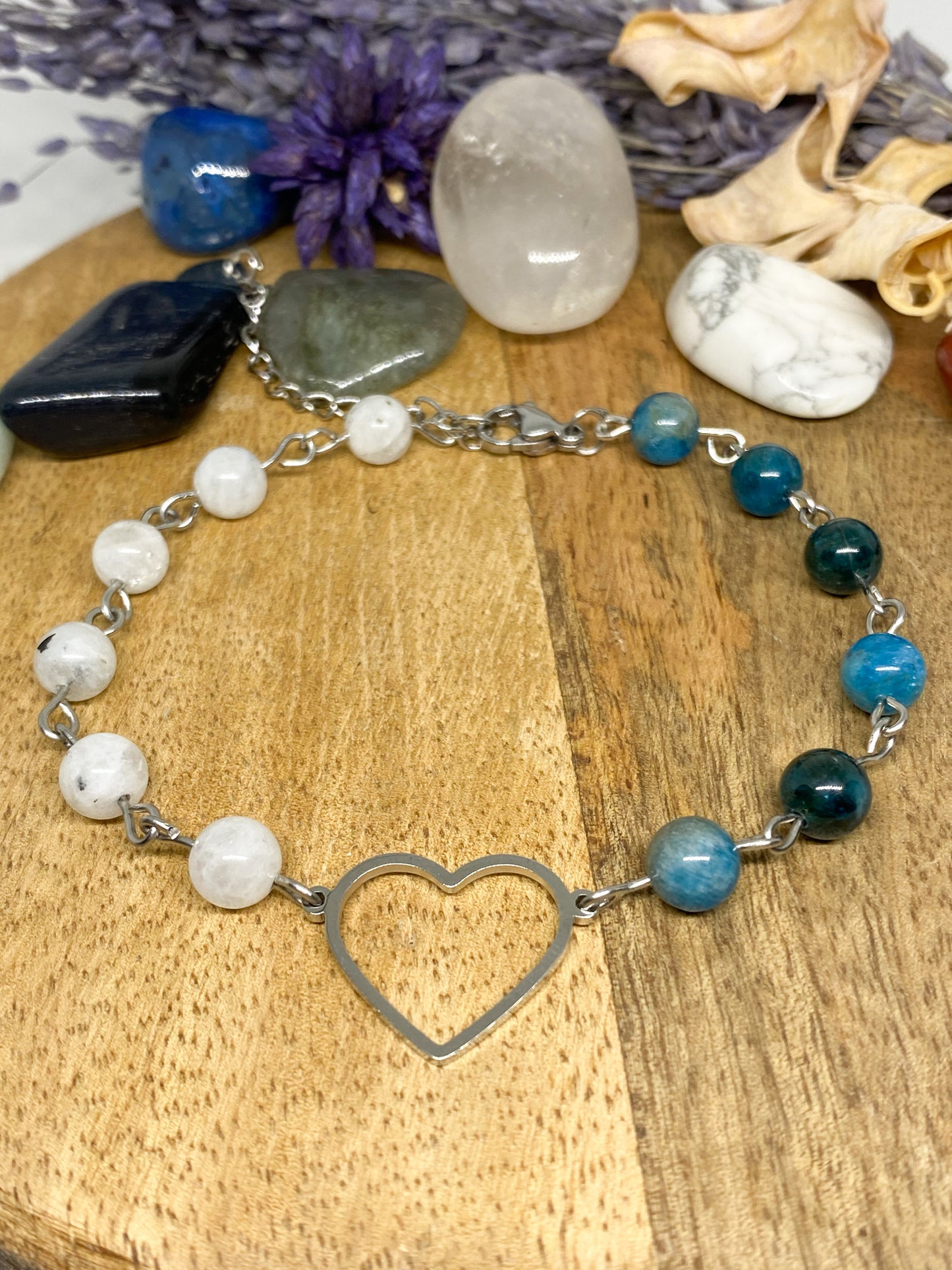 Bracelet cœur Apatite et Pierre de lune en acier inoxydable