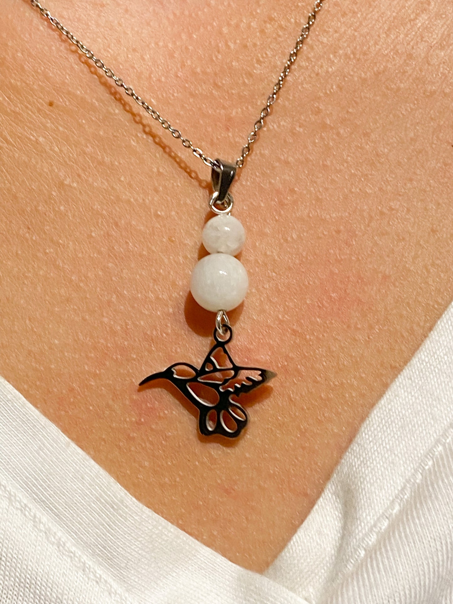 Collier colibri en acier inoxydable en pierres naturelles Pierre de Lune
