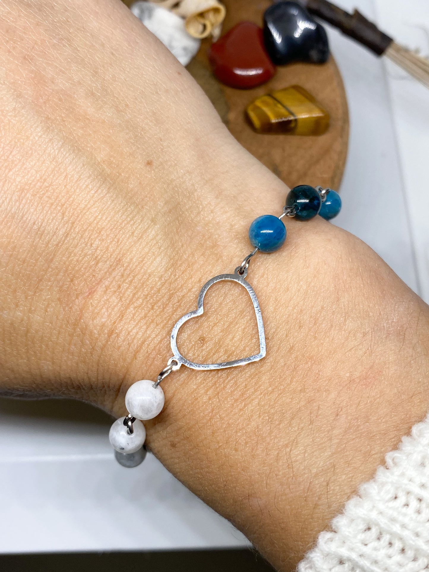 Bracelet cœur Apatite et Pierre de lune en acier inoxydable