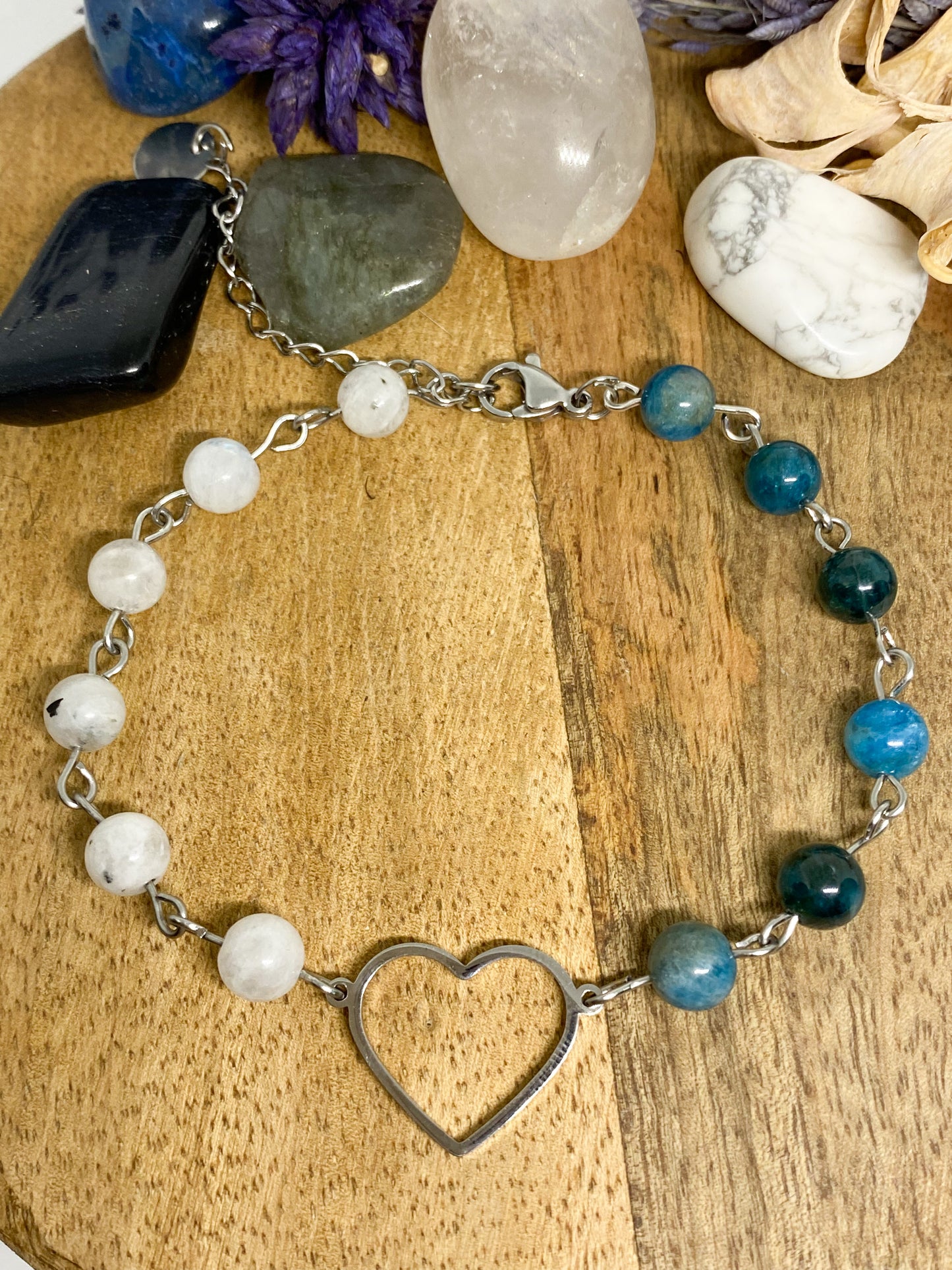 Bracelet cœur Apatite et Pierre de lune en acier inoxydable