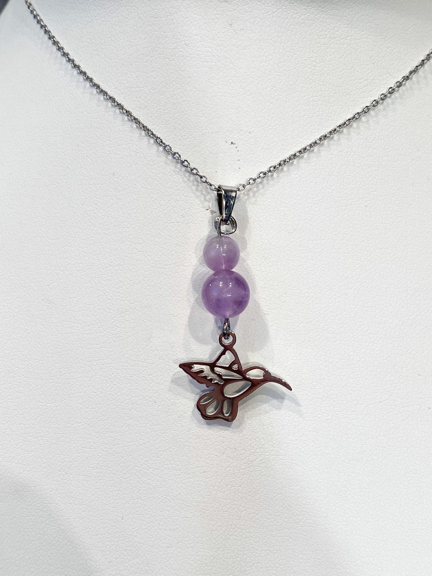 Collier Améthyste colibri acier inoxydable