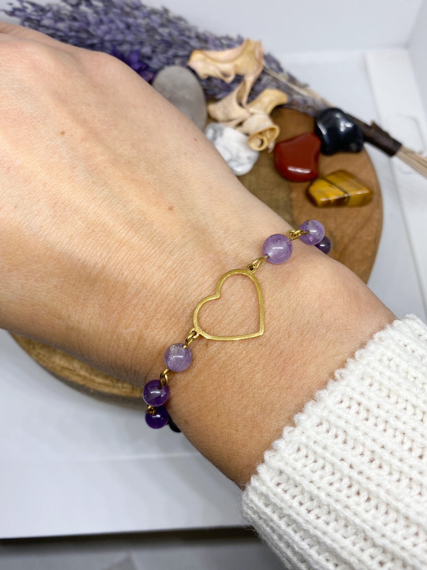Bracelet Cœur Améthyste Acier Inoxydable - Pierre Naturelle Apaisante