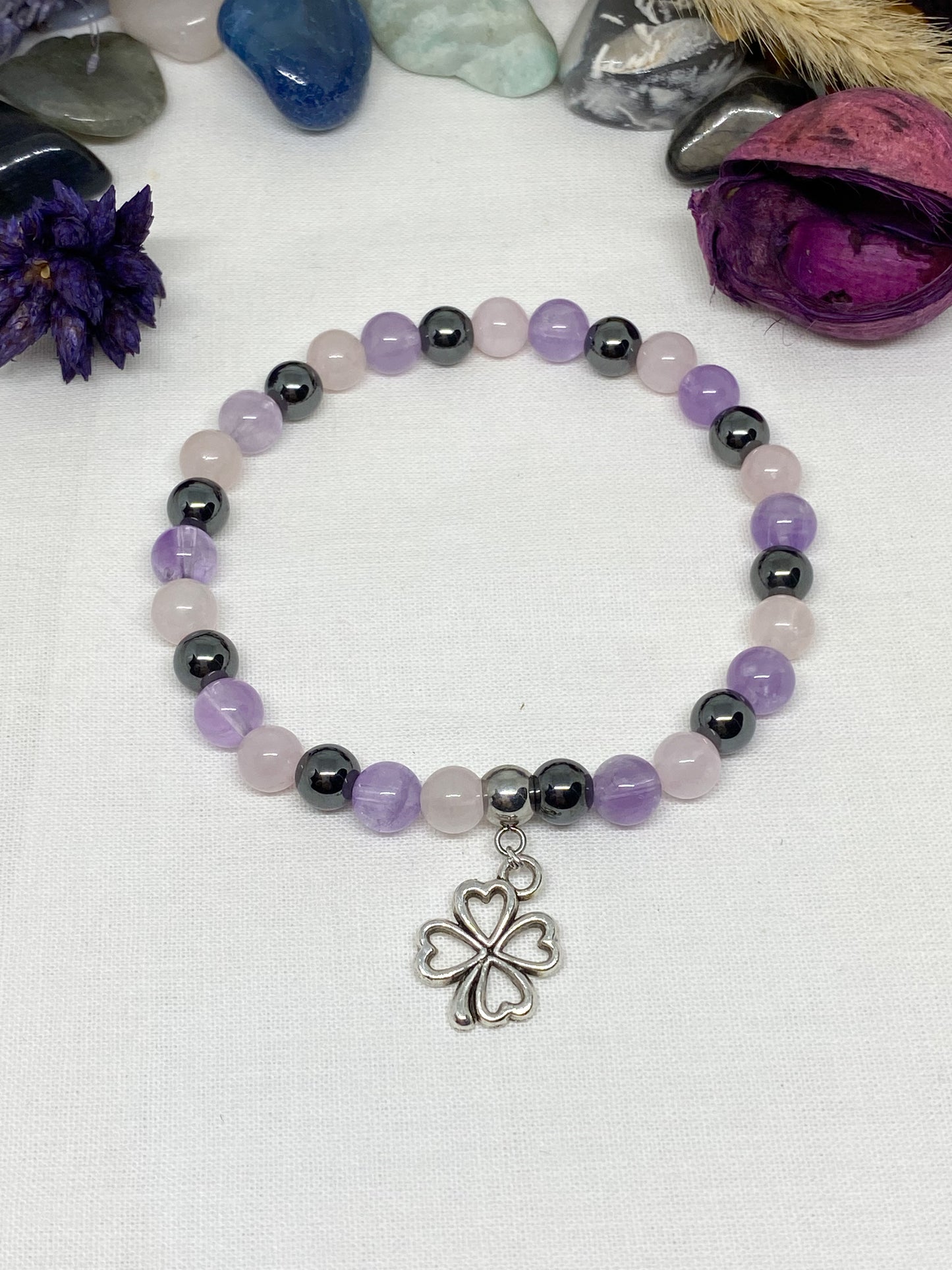 Bracelet sommeil / insomnie en pierres naturelles , Quartz rose , Améthyste et hématite