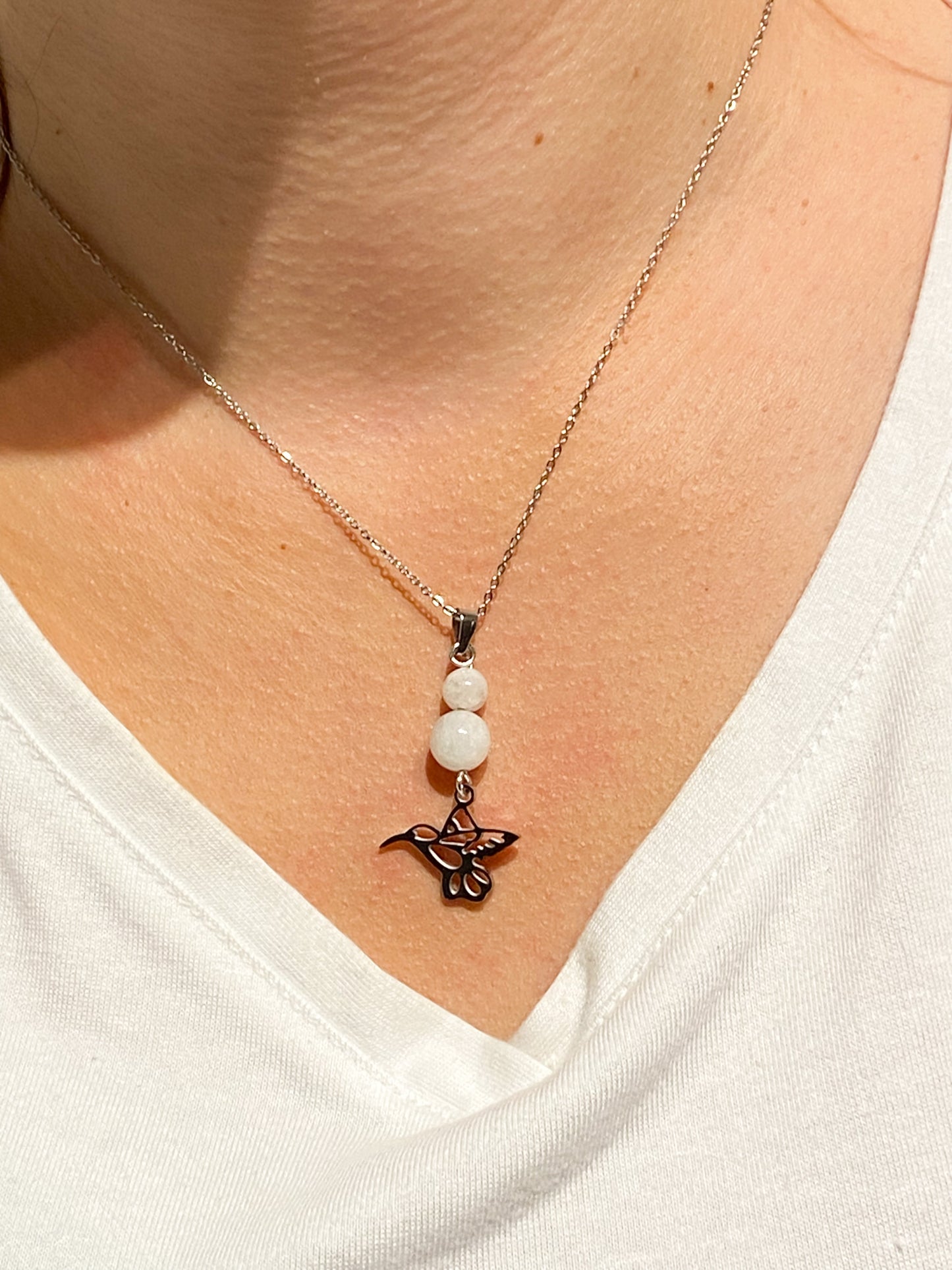 Collier colibri en acier inoxydable en pierres naturelles Pierre de Lune