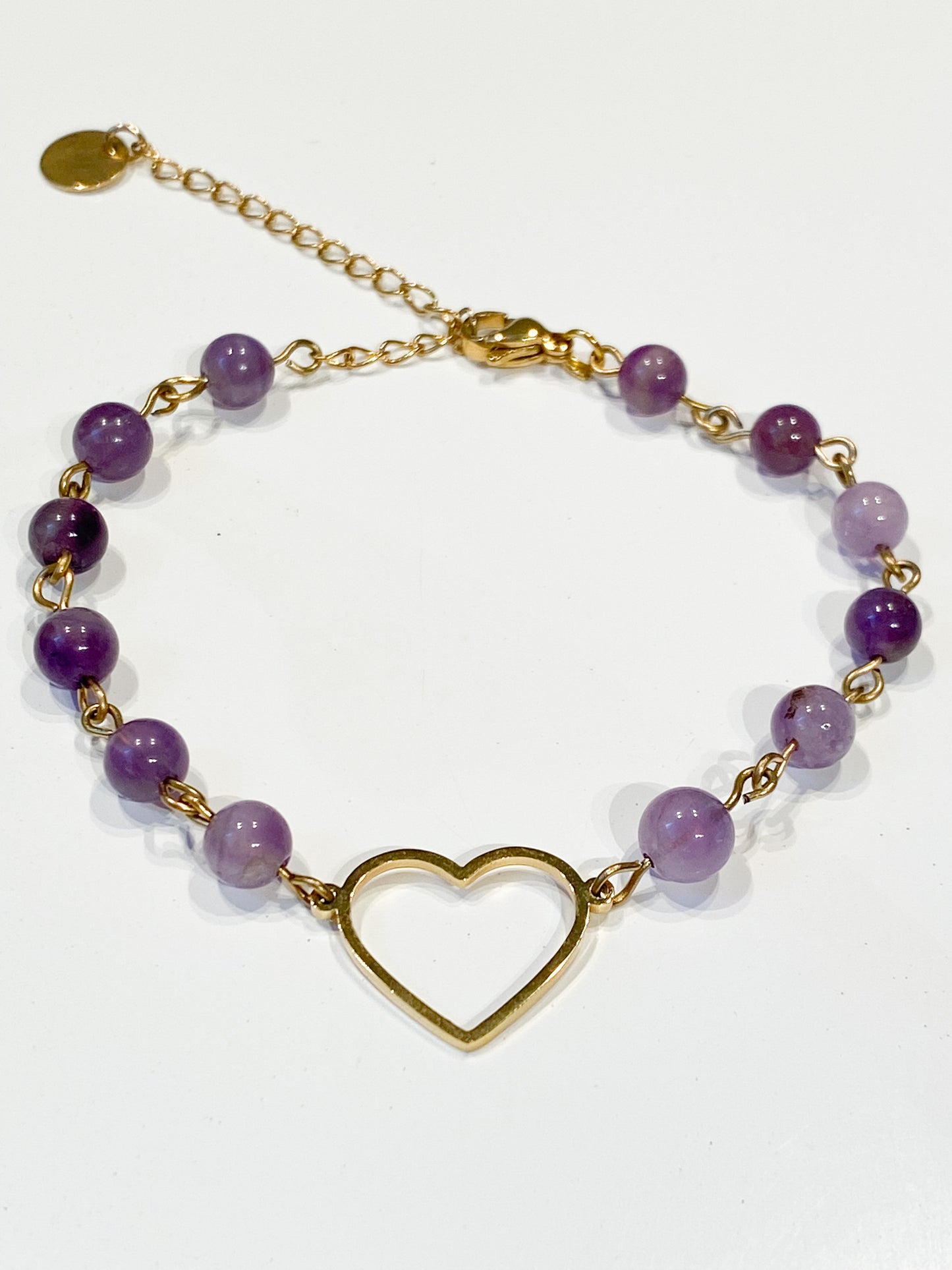 Bracelet Cœur Améthyste Acier Inoxydable - Pierre Naturelle Apaisante