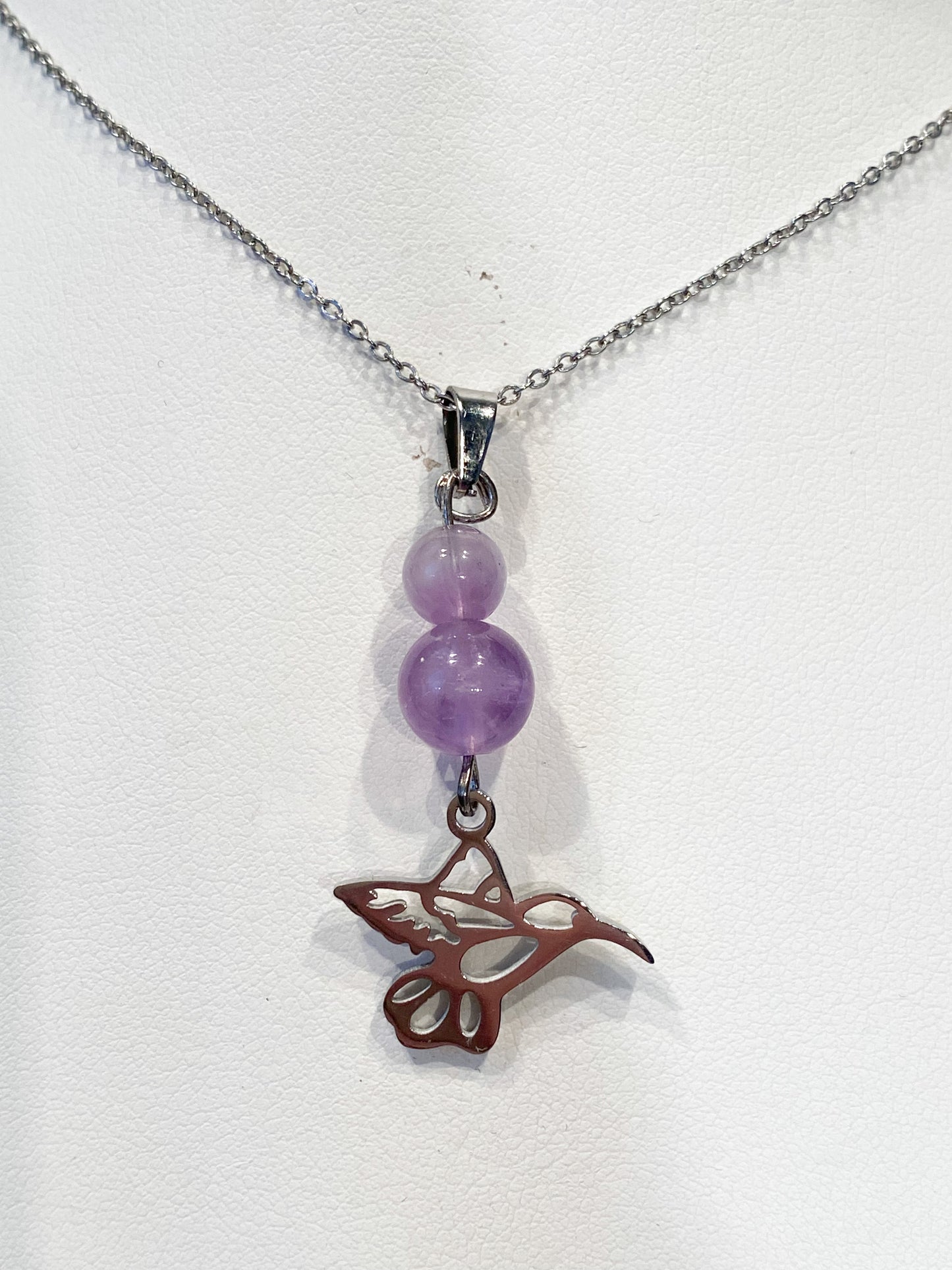 Collier Améthyste colibri acier inoxydable