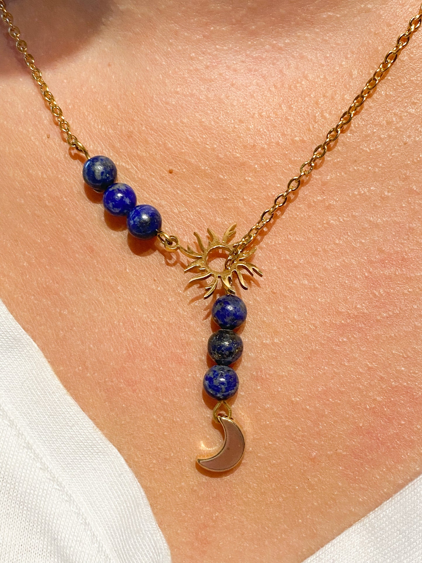 Collier Lapis Lazuli en acier inoxydable " Soleil et Lune "