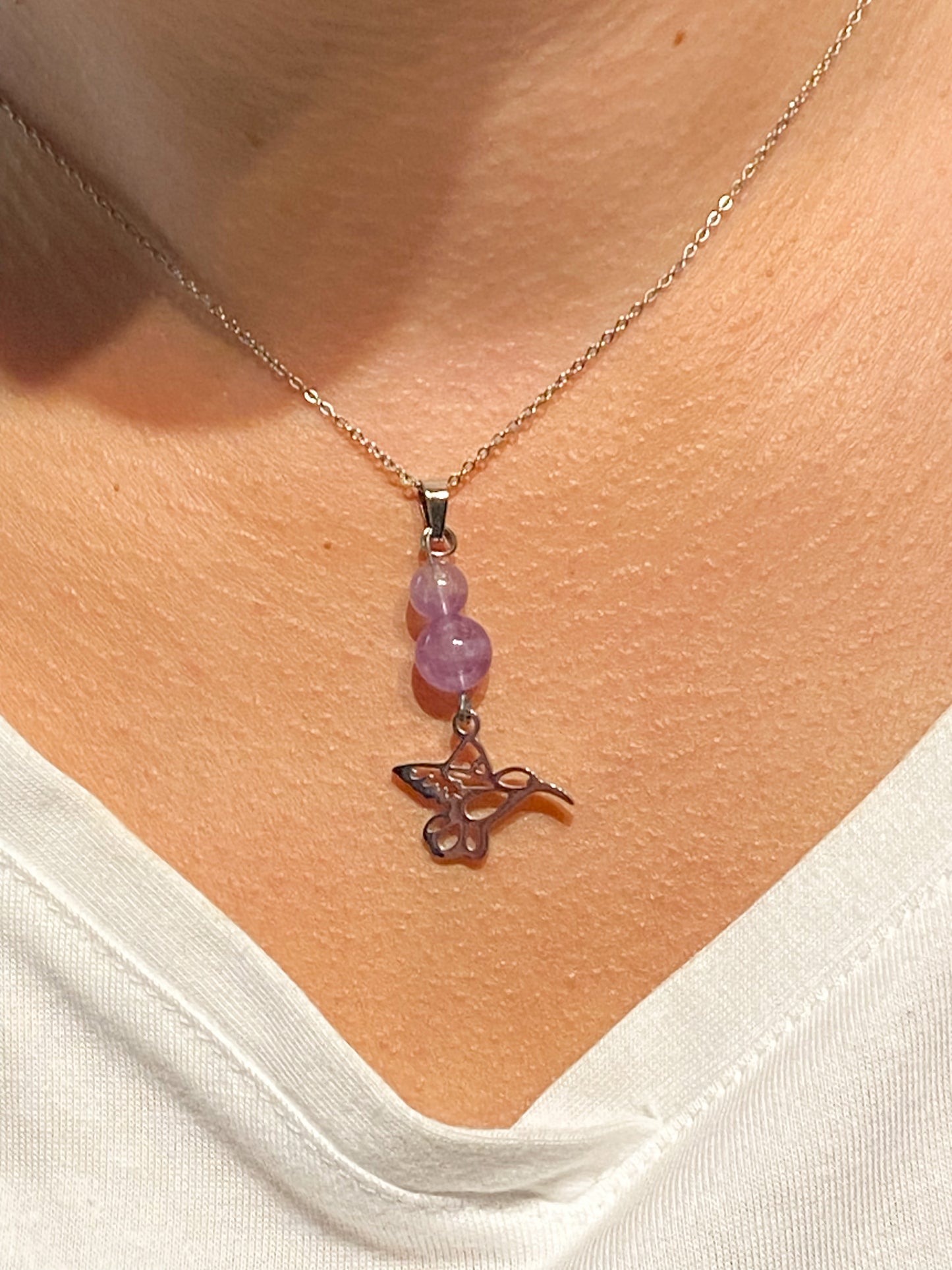 Collier Améthyste colibri acier inoxydable