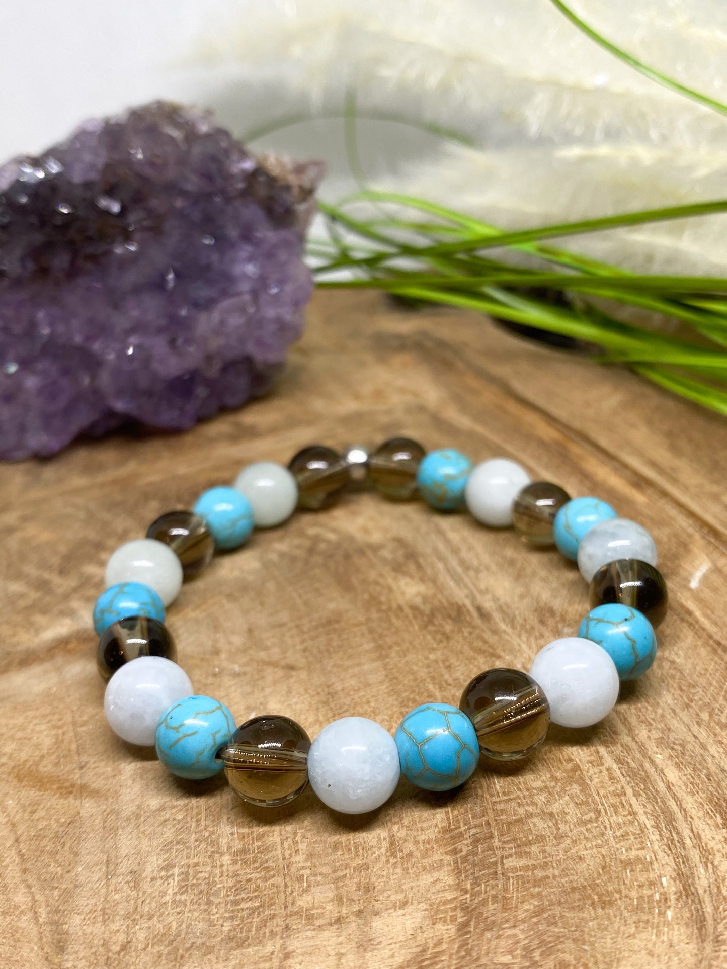 Bracelet en pierres naturelles Aigue marine, Quartz fumé et Turquoise