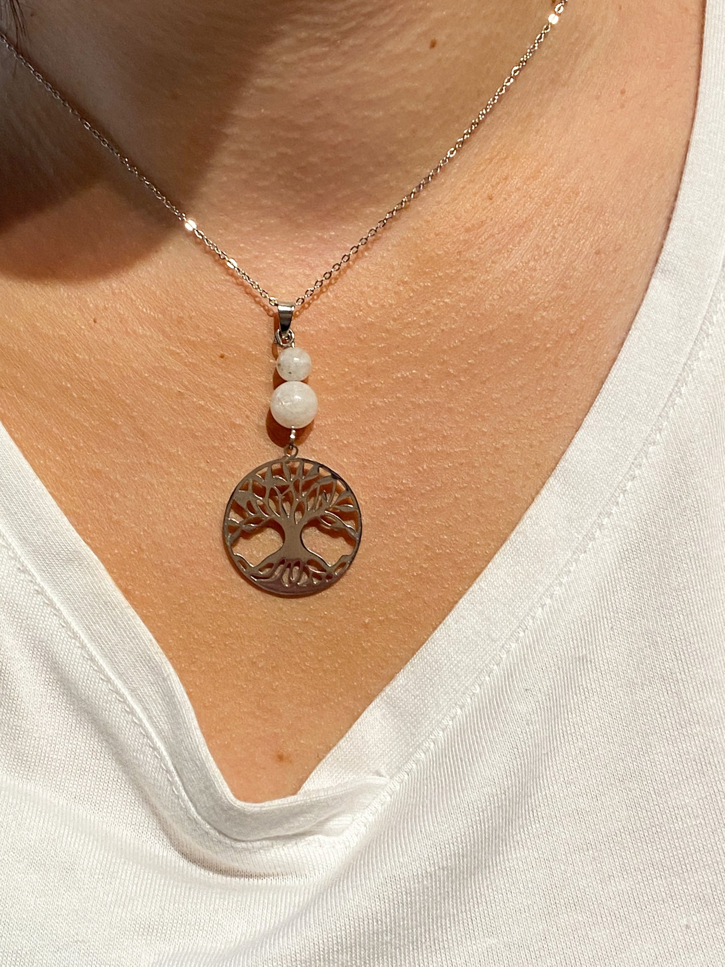Collier Pierre de Lune en acier inoxydable - Arbre de vie -