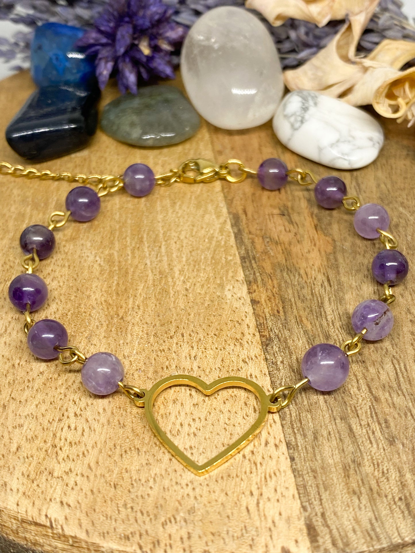 Bracelet Cœur Améthyste Acier Inoxydable - Pierre Naturelle Apaisante
