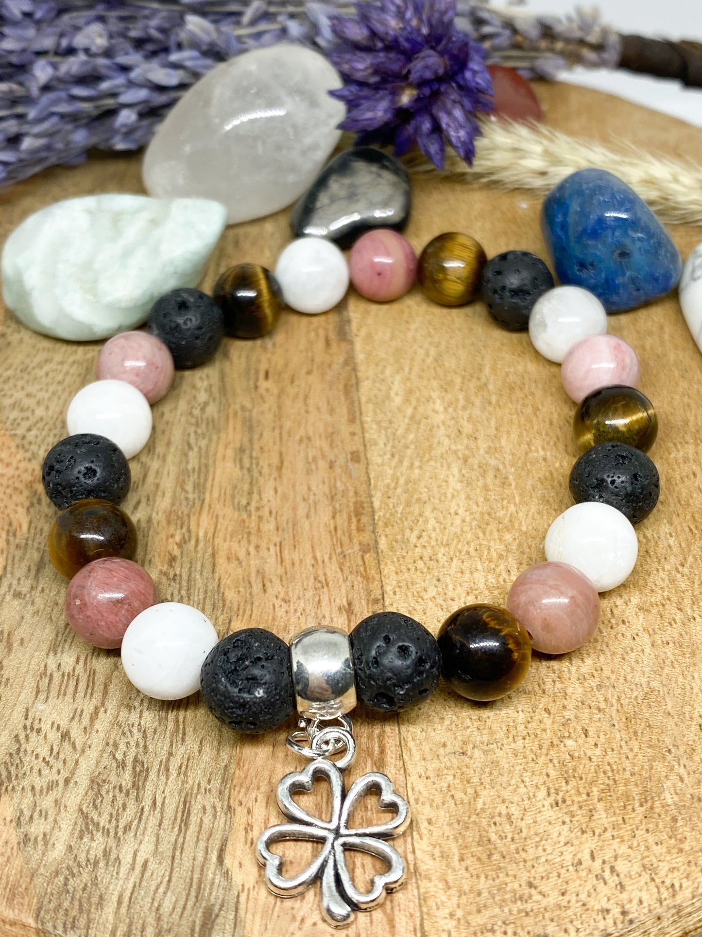 Bracelet en pierres naturelles Rhodochrosite , Pierre de lune , Œil de tigre et Pierre de lave