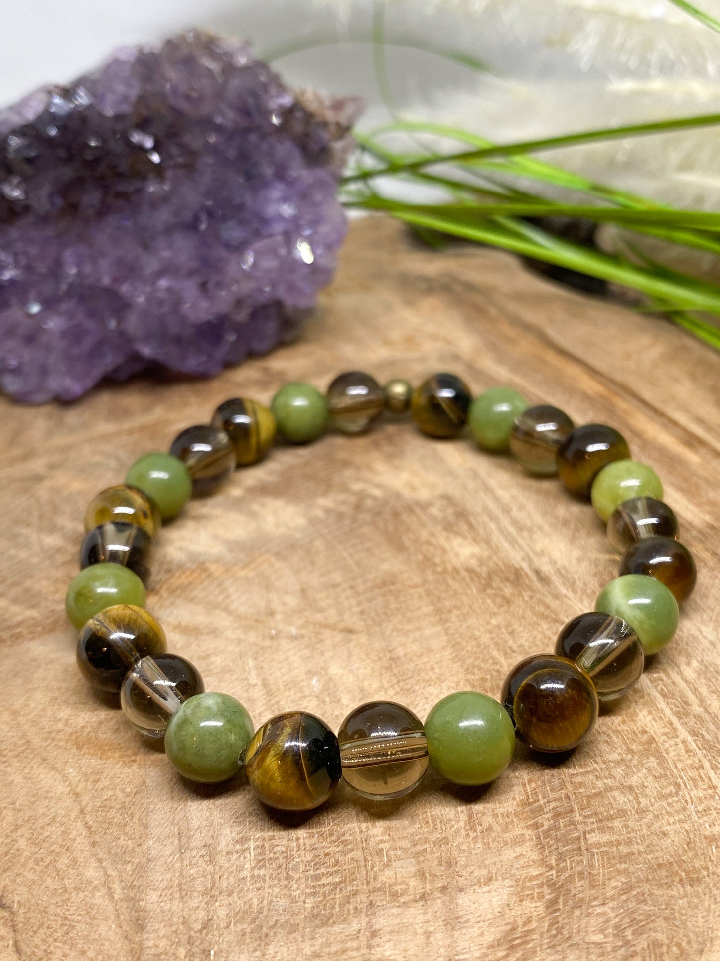 Bracelet en pierres naturelles Jade néphrétique, œil de tigre et Quartz fumé