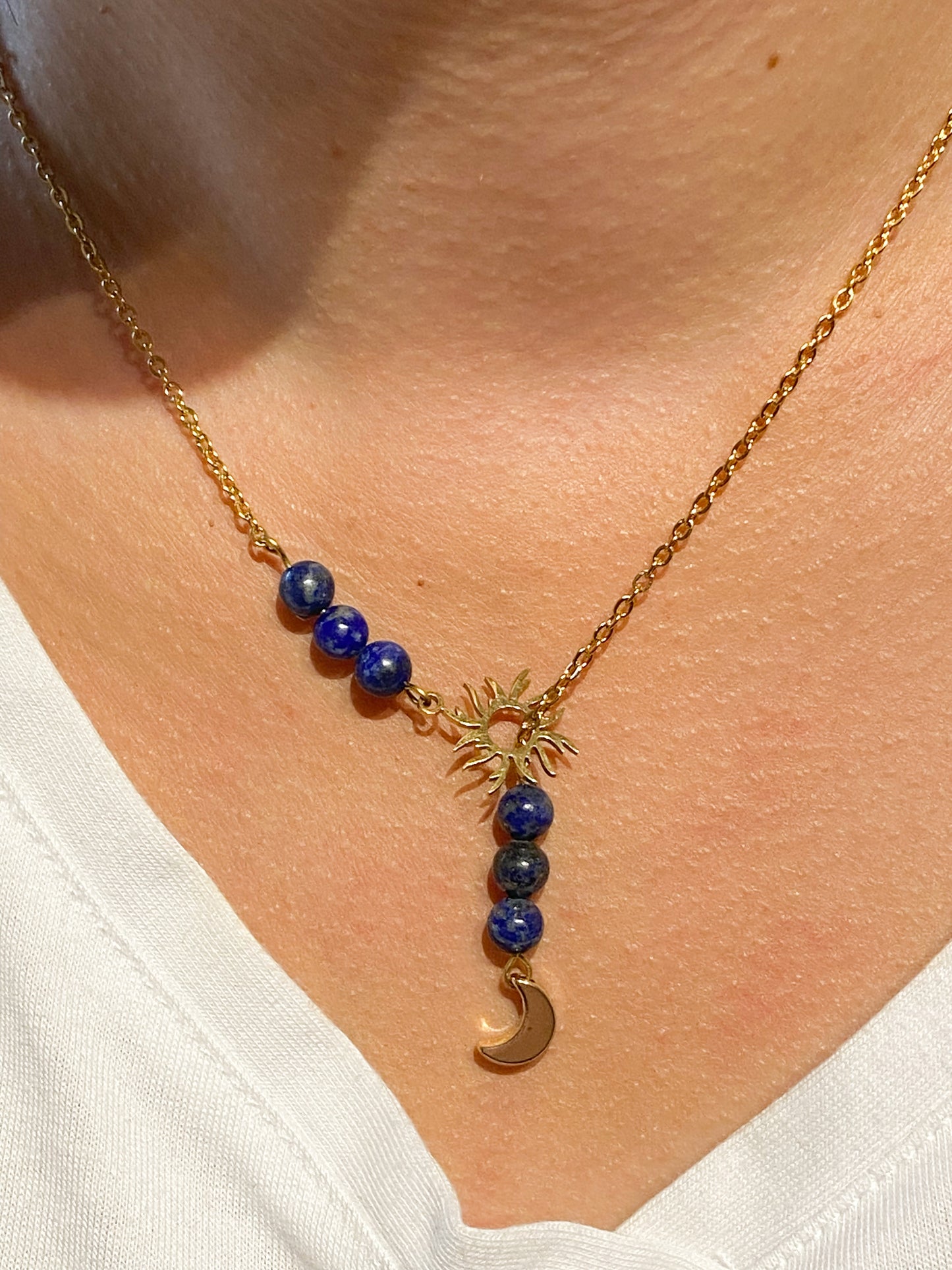 Collier Lapis Lazuli en acier inoxydable " Soleil et Lune "