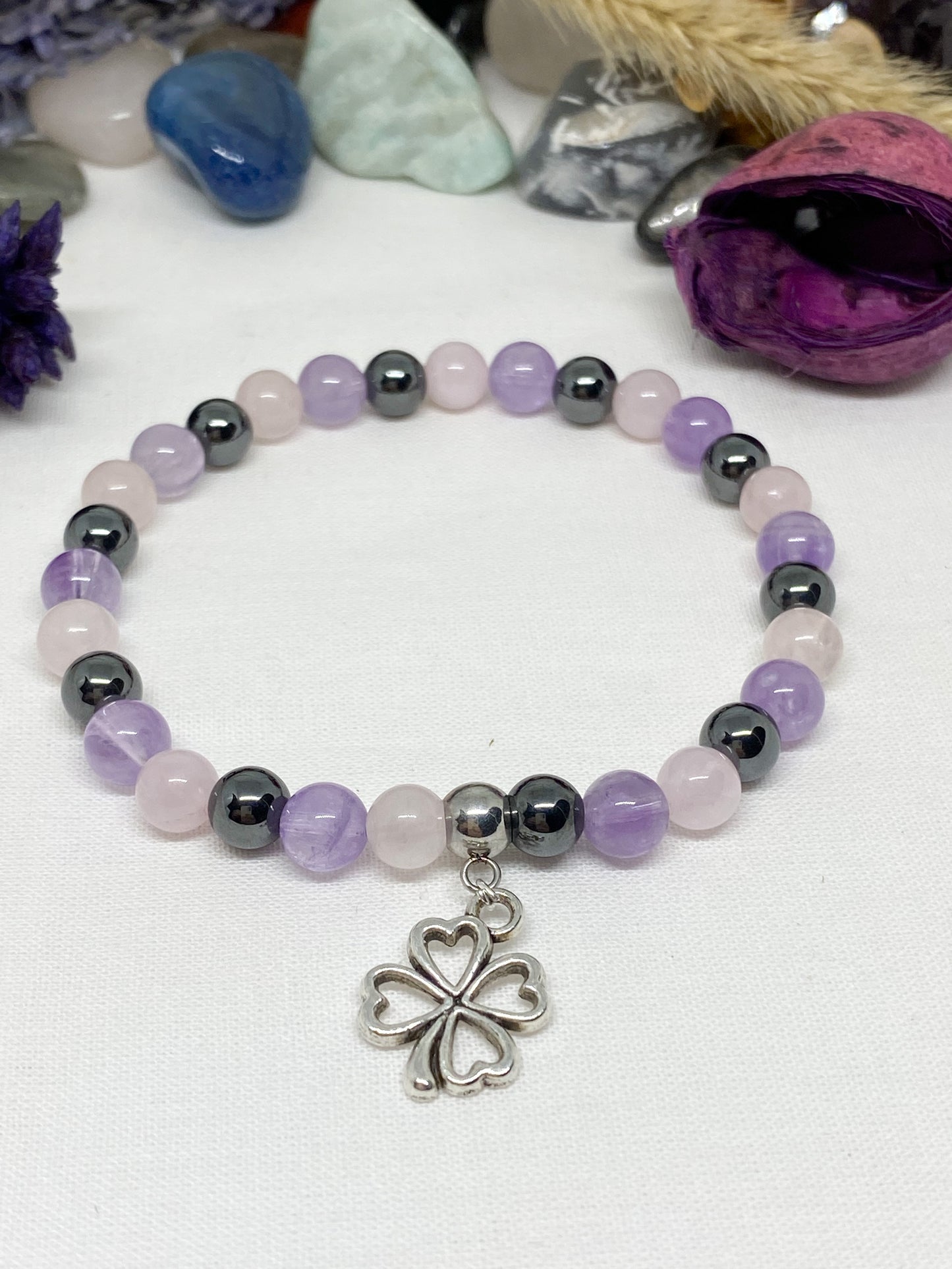 Bracelet sommeil / insomnie en pierres naturelles , Quartz rose , Améthyste et hématite