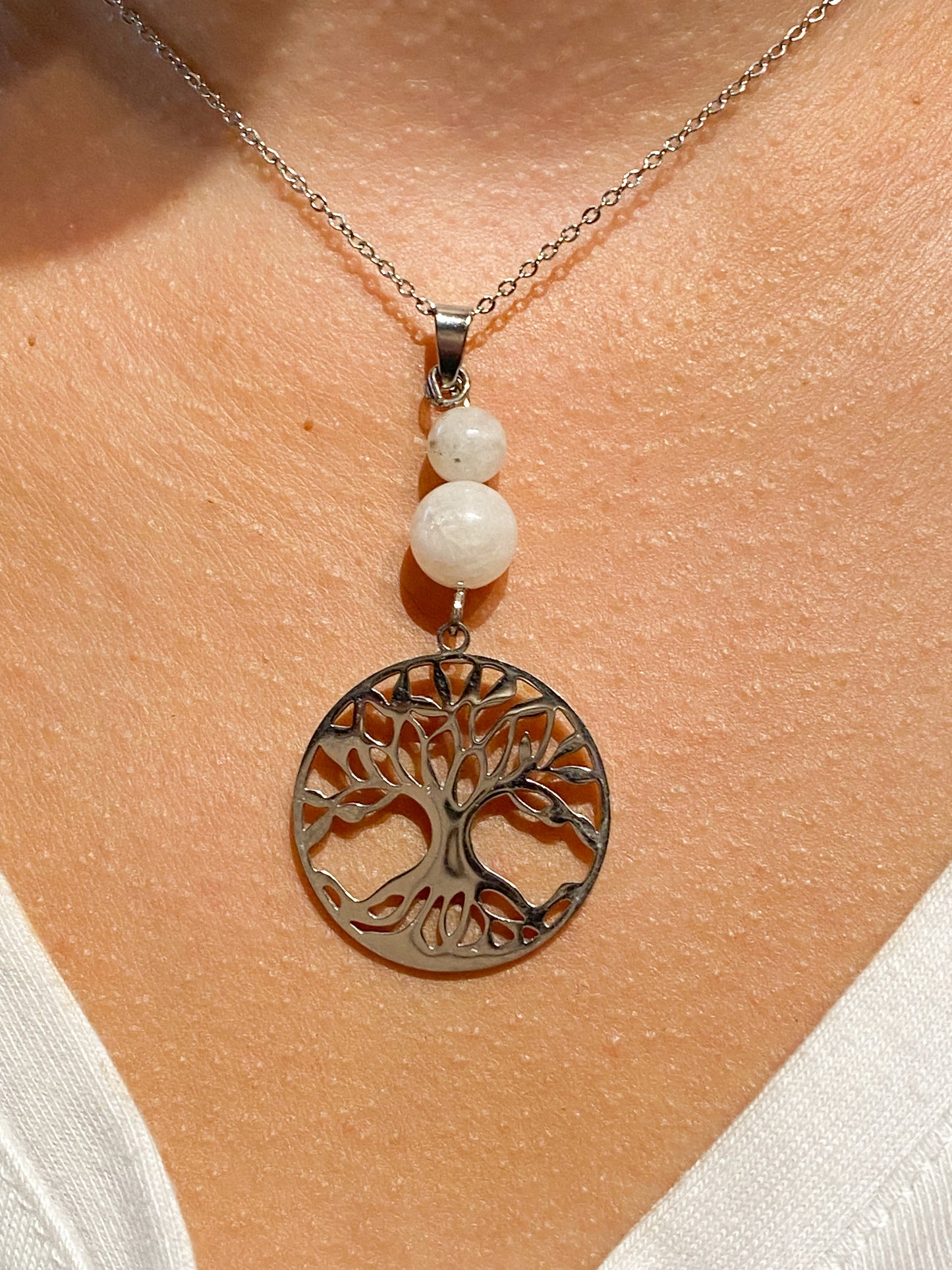Collier Pierre de Lune en acier inoxydable - Arbre de vie -