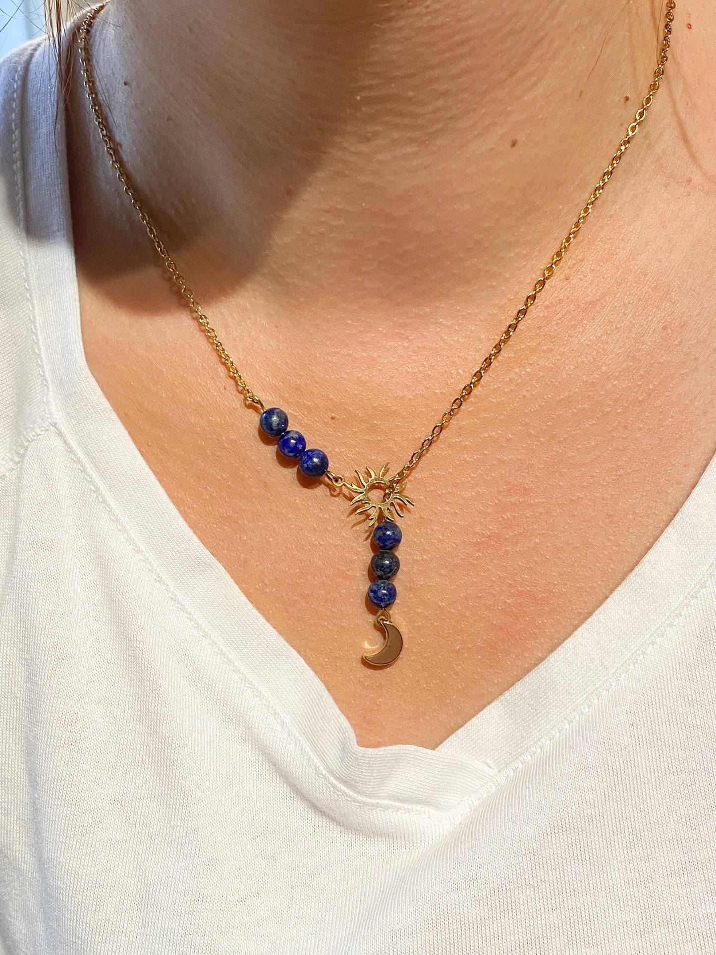 Collier Lapis Lazuli en acier inoxydable " Soleil et Lune "