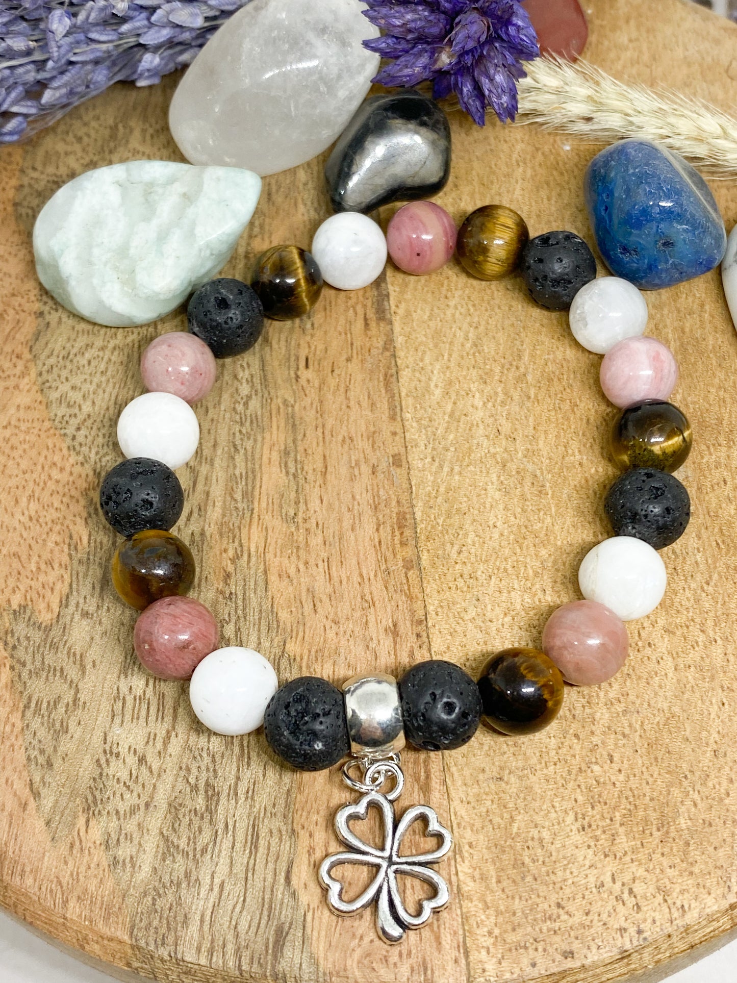 Bracelet en pierres naturelles Rhodochrosite , Pierre de lune , Œil de tigre et Pierre de lave