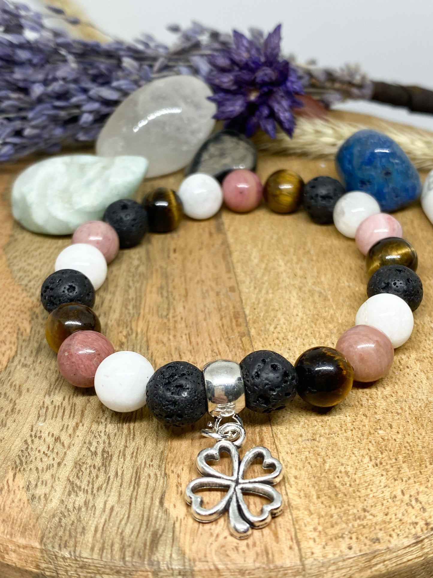 Bracelet en pierres naturelles Rhodochrosite , Pierre de lune , Œil de tigre et Pierre de lave