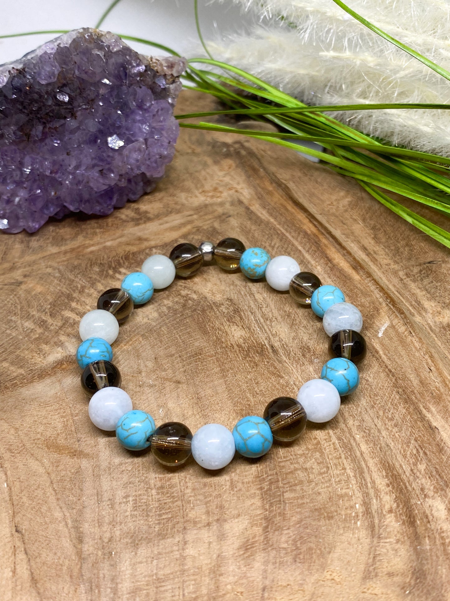 Bracelet en pierres naturelles Aigue marine, Quartz fumé et Turquoise