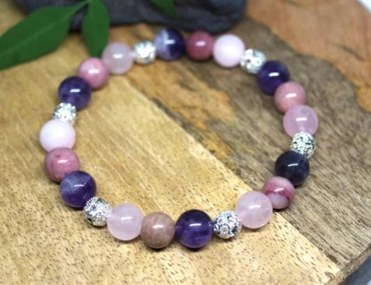 bracelet anti stress améthyste, quartz rose, rodochrosite