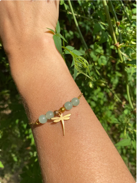 Bracelet acier inoxydable en pierres naturelles Aventurine avec libellule