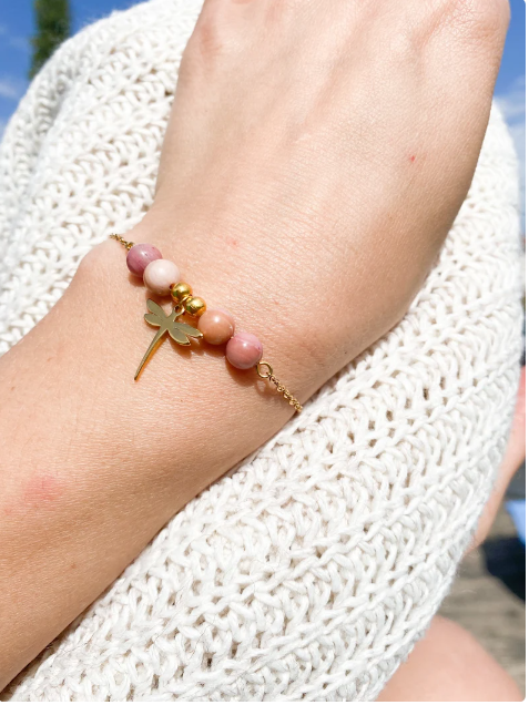 Bracelet acier inoxydable en pierres naturelles Rhodochrosite avec libellule