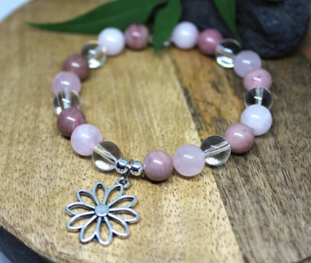 Bracelet en pierres naturelles Rhodochrosite, Quartz rose et Cristal de roche