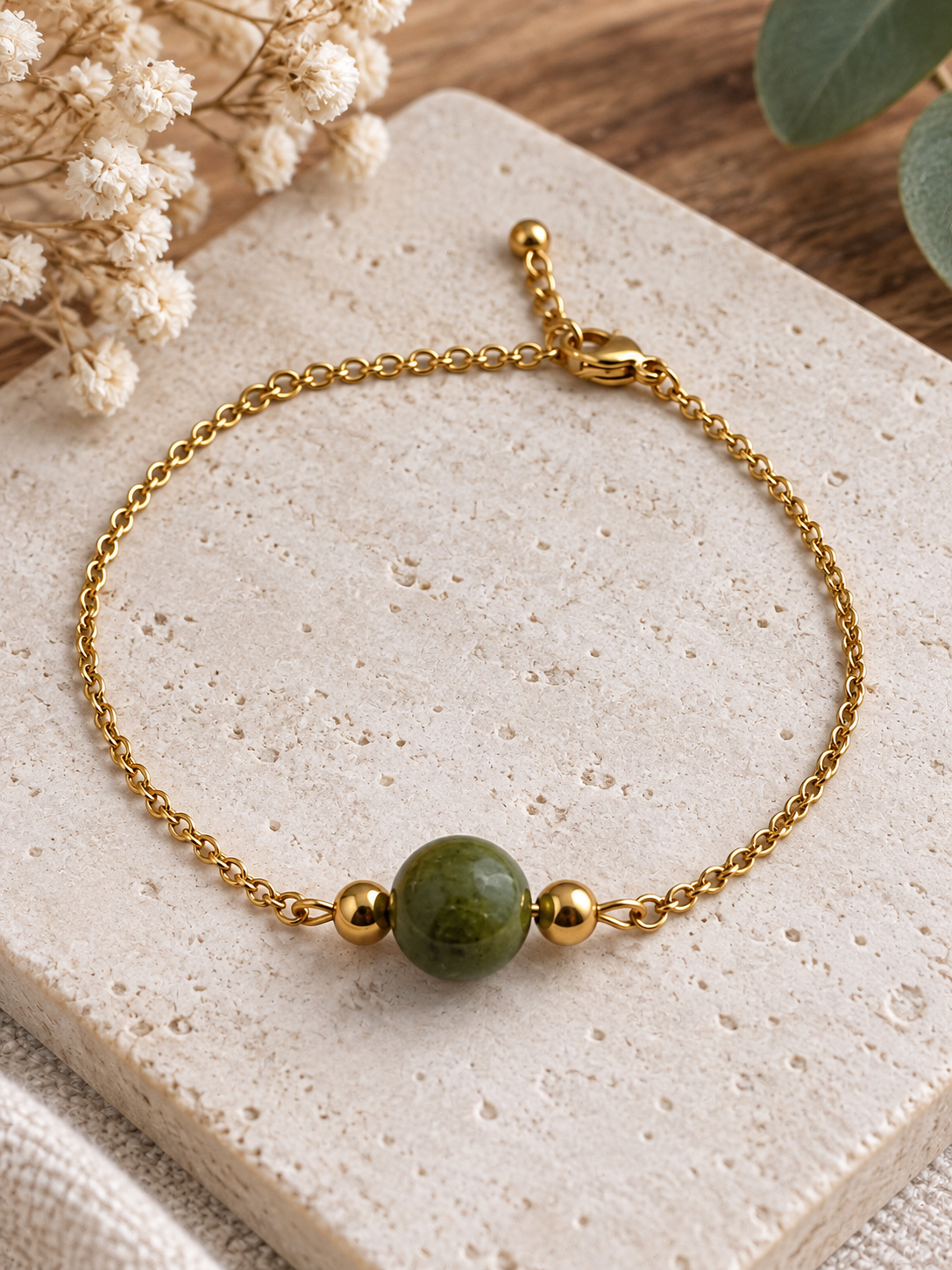 Bracelet Jade Femme en Acier Inoxydable Doré – Pierre Naturelle