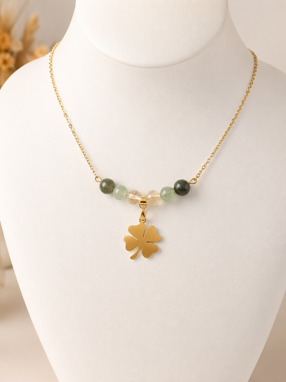 Collier Porte-Bonheur en Aventurine, Citrine, Pyrite et Acier Inoxydable doré