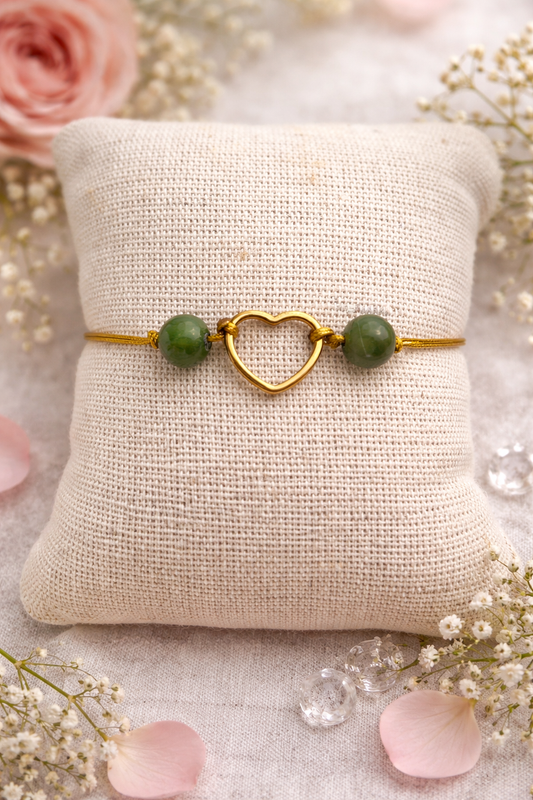 Bracelet jade véritable vert avec cœur en acier doré – Bijou naturel