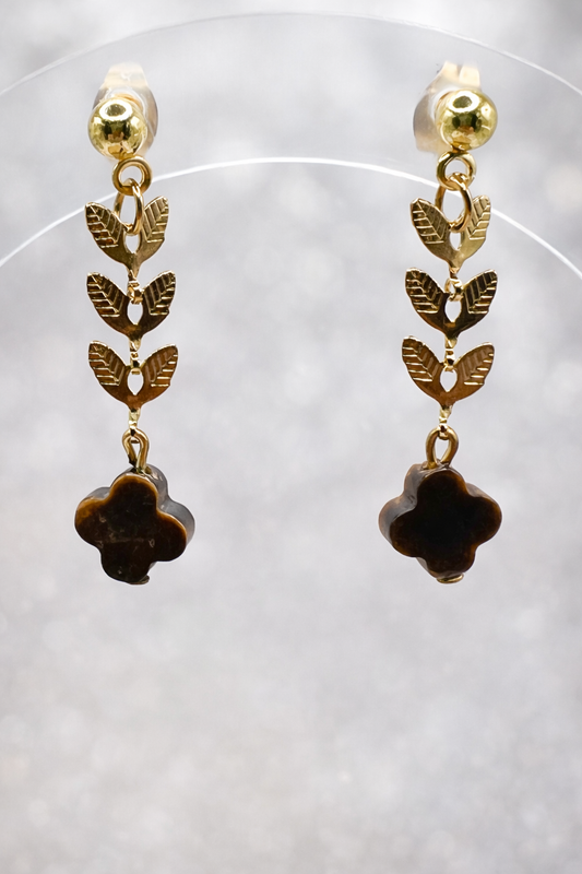 Boucles d’oreilles œil de tigre trèfle – Acier inoxydable doré – Bijou protection