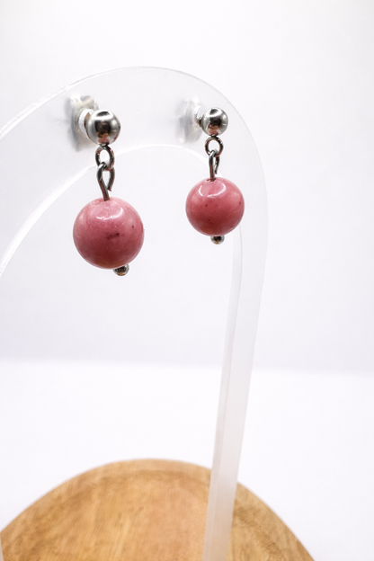 Boucles d’oreilles en rhodochrosite naturelle – Acier inoxydable argenté – Pierre de l’amour & bien-être