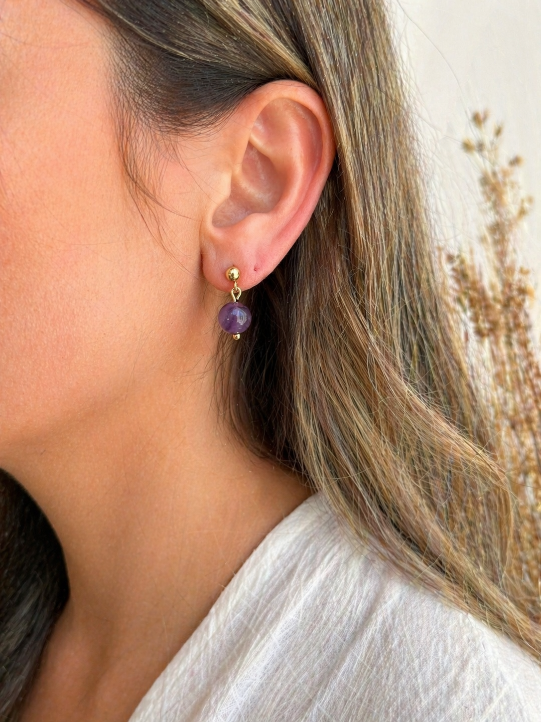 Boucles d’oreilles améthyste en acier inoxydable doré – pierre naturelle sérénité