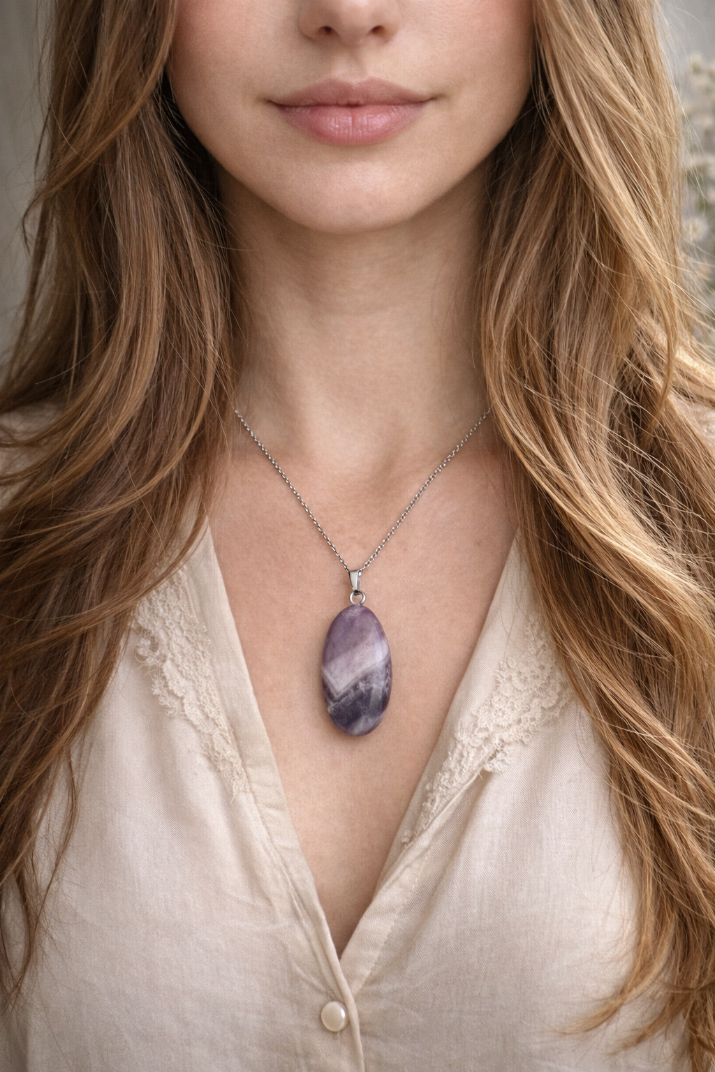 Collier pendentif améthyste acier couleur argent