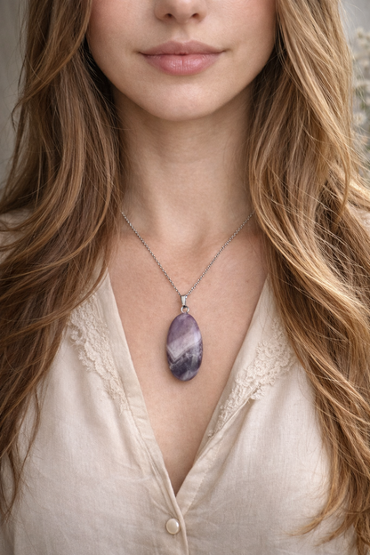 Collier pendentif améthyste acier couleur argent