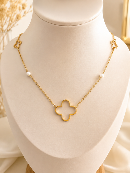 Collier Pierre de lune Doré en Acier Inoxydable – Collier Trèfle en Pierre Naturelle