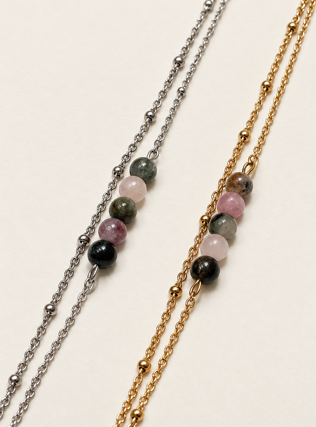 Bracelet Tourmaline Femme Double Rang en Acier Doré