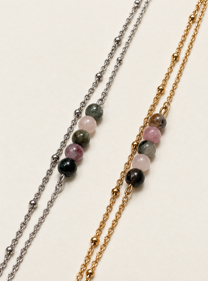 Bracelet Tourmaline Femme Double Rang en Acier Doré