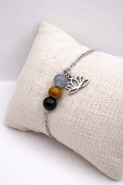 Bracelet Triple Protection en Pierres Naturelles – Œil de Tigre, labradorite & Obsidienne Noire – Acier Inoxydable argenté