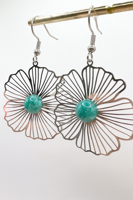 Boucles d’Oreilles Fleur Amazonite – Acier Argenté & Énergie Positive