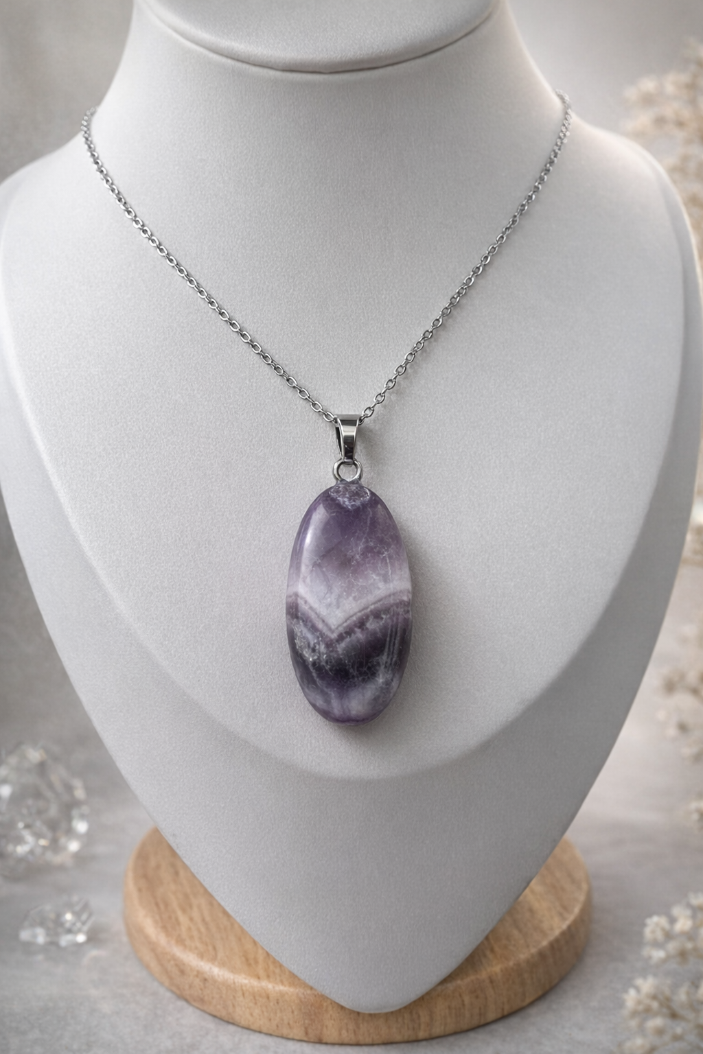 Collier pendentif améthyste acier couleur argent