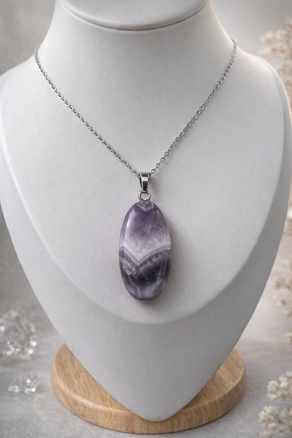 Collier pendentif améthyste acier couleur argent