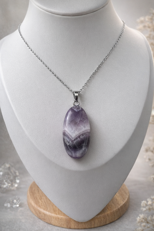 Collier pendentif améthyste acier couleur argent