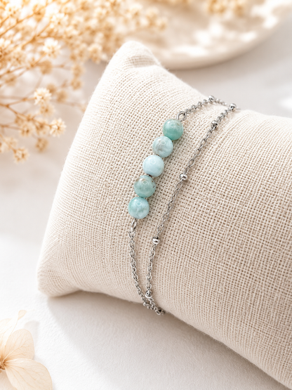 Bracelet Larimar naturel en acier inoxydable argenté – pierre bleue apaisante, anti‑stress et élégante