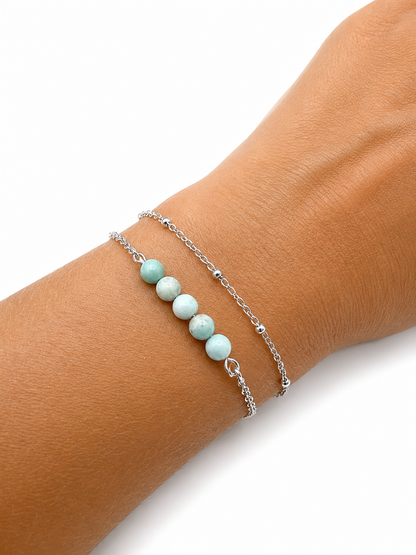 Bracelet Larimar naturel en acier inoxydable argenté – pierre bleue apaisante, anti‑stress et élégante