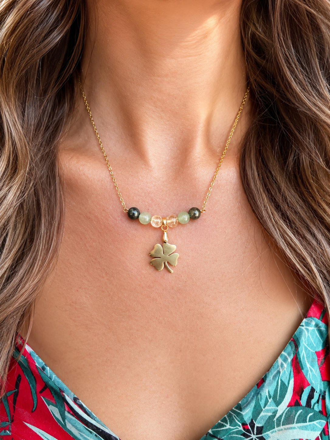 Collier Porte-Bonheur en Aventurine, Citrine, Pyrite et Acier Inoxydable doré